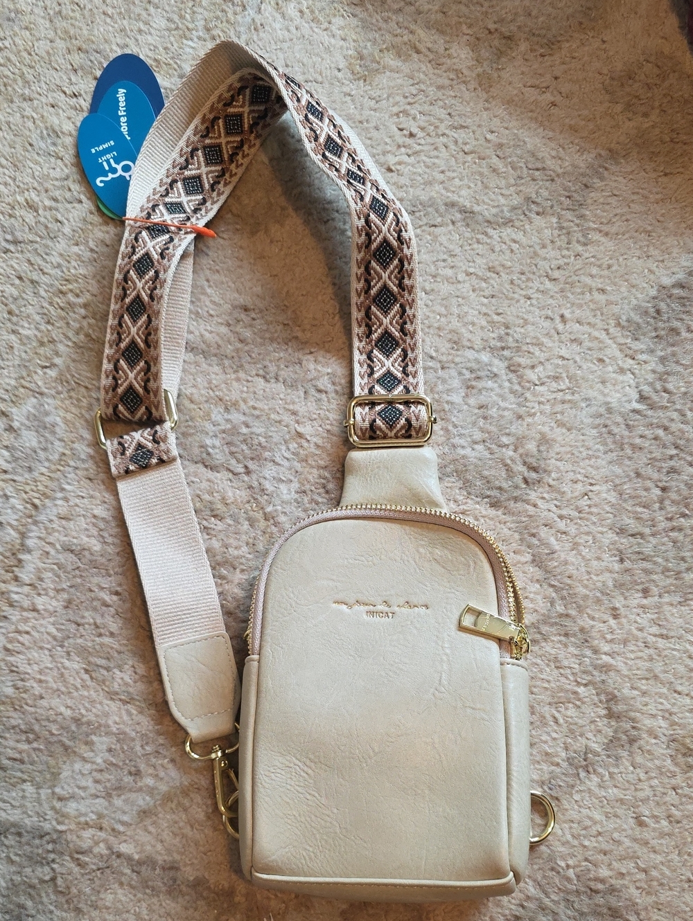 Inicat Cream Crossbody Sling Bag with Patterned Strap